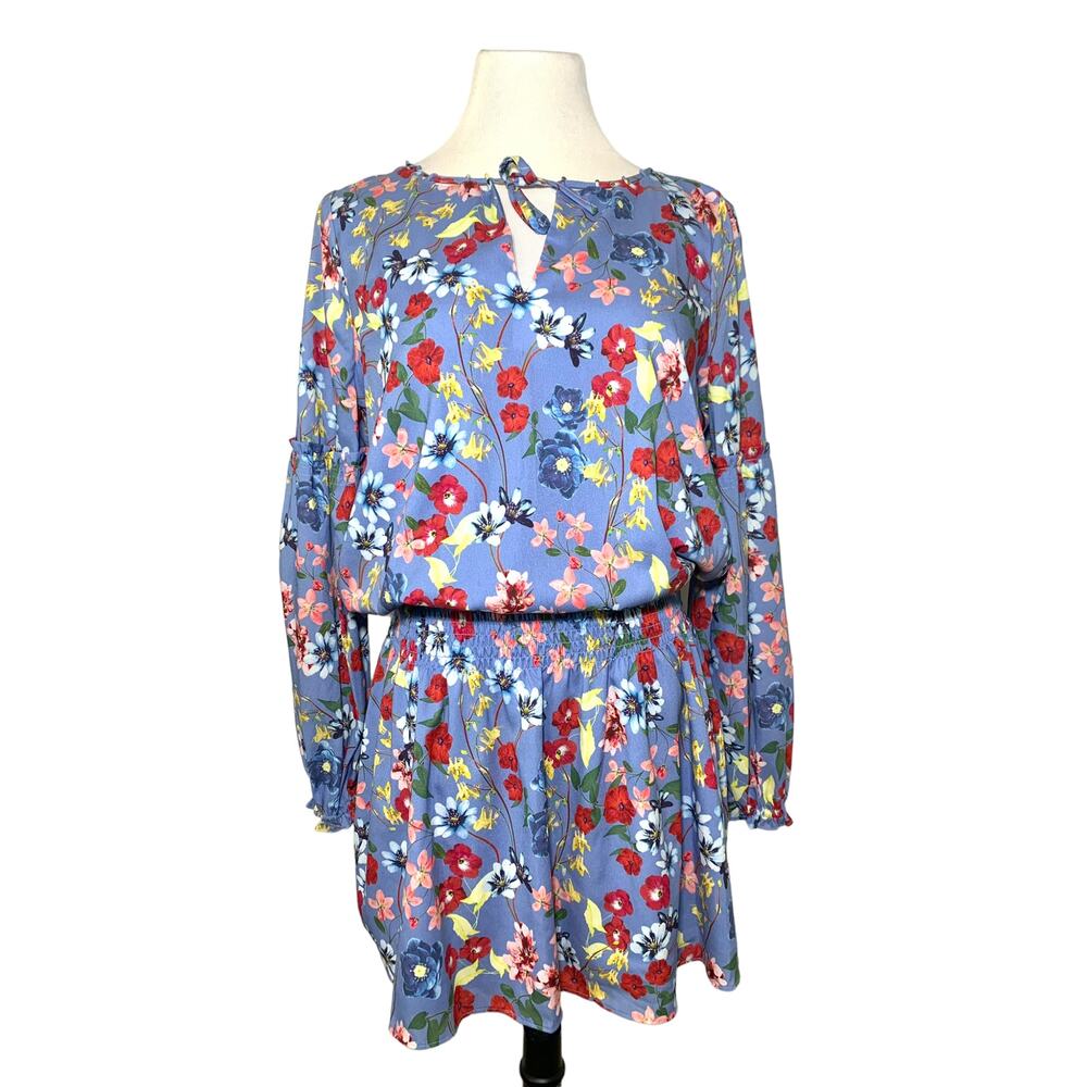 Parker Floral Smocked Waist Key Hole Ruffle Long Sleeve Dress Periwinkle Medium - Picture 3 of 14